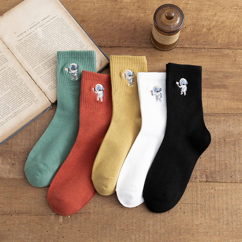 Solid Color Medium Tube Cotton Socks Women's Fox Embroidery High Top Corset Waist
