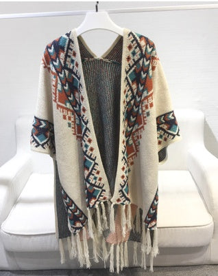 Harajuku style vintage goddess tassel knit long shawl cloak coat