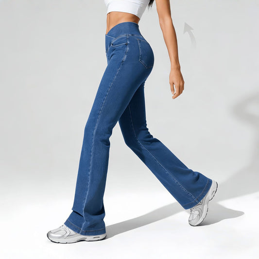 High-elastic, Cross-waist, Faux Denim Flared Pants For A Casual Look