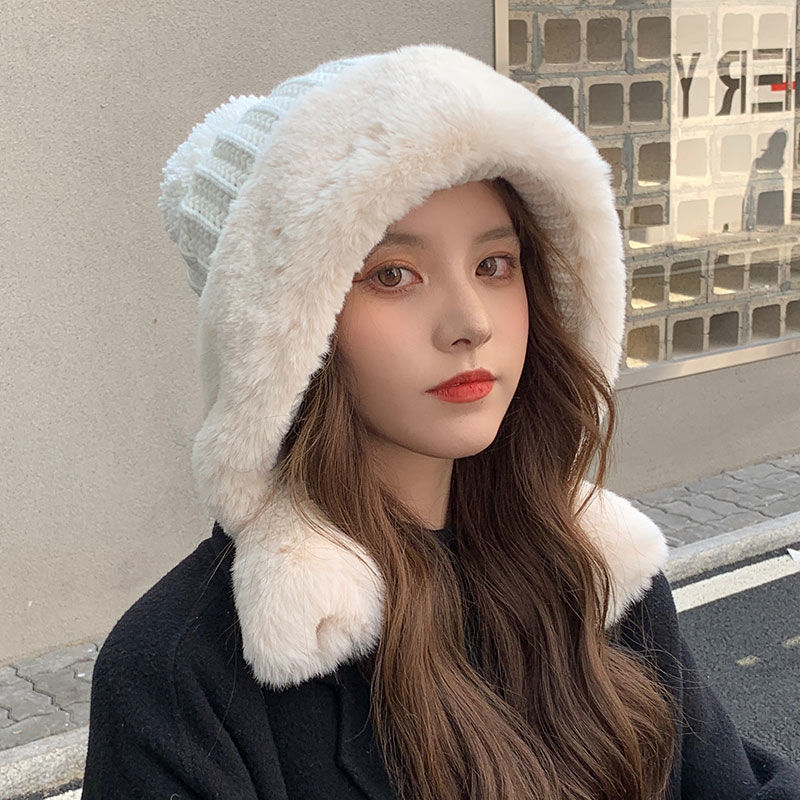 Rabbit Fur Knitted Hat Large Head Fleece Warm