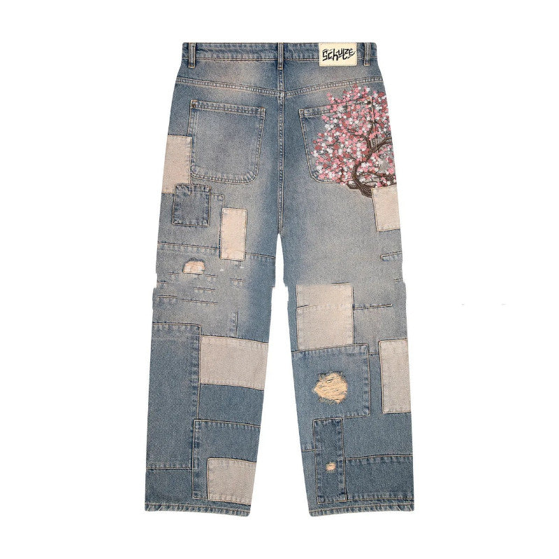 Digital-print Floral Faux Denim Straight-leg Floor-length Pants 3D
