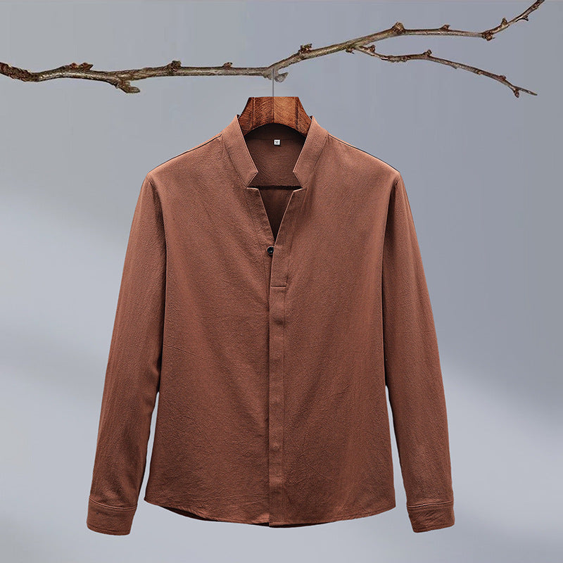Cotton And Linen Crepe Solid Color Chinese Style Men's Long-sleeved Shirt