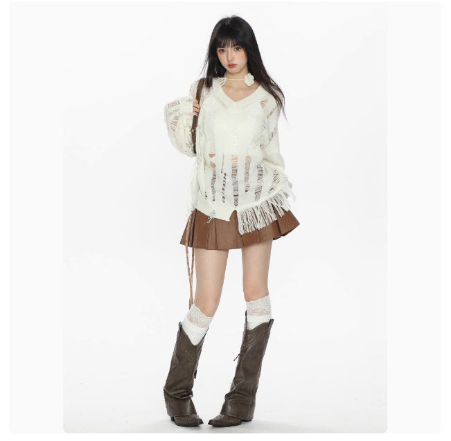 Micro Transparent V-neck Sweater Cutout Blouse Long Sleeve Women