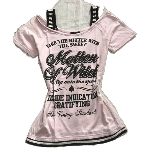 Retro Patchwork Striped Shoulder Strap T-Shirt With Letter Print Slim-Fit Short-Sleeve For Trendy