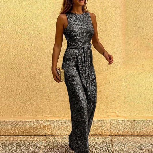 Womens Silver-spotted Sleeveless Personality Jumpsuit With A Round Neckline