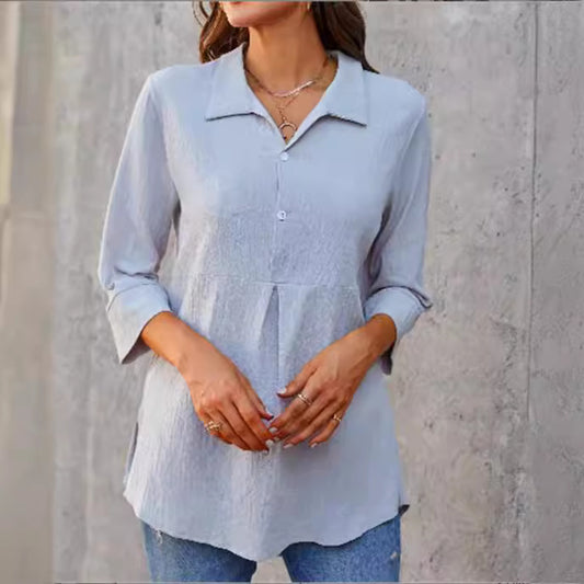 Solid-color Lapel-neck Slit Peplum Three-quarter-sleeve Womens Shirt