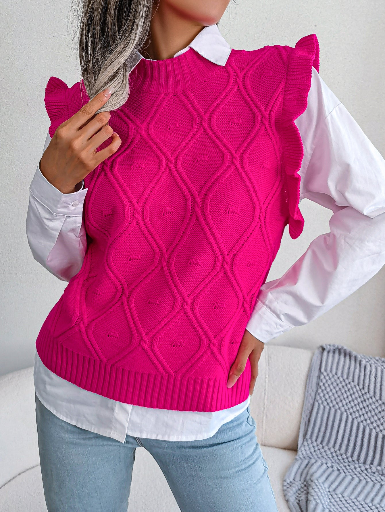 Kvinder Flæset Diamantstrikket Sweatervest