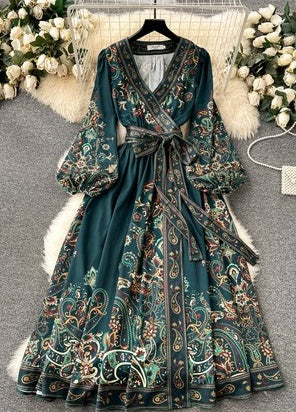Ethnic Print V-neck Fitted Dress