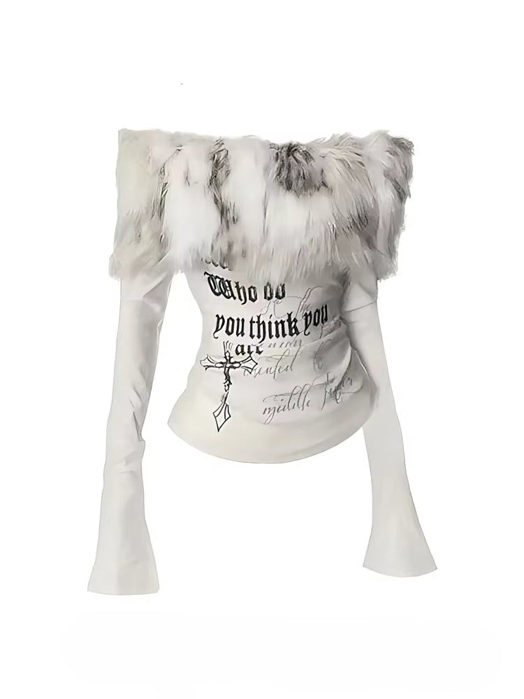 Womens American-style Turtleneck Off-shoulder Long-sleeve T-shirt With A Fur Collar