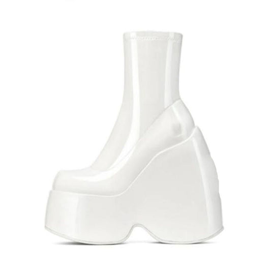Women's Fashion Platform Muffin Heel Square Toe Casual Side Zipper Booties