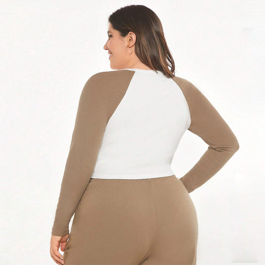 Women's Slim-fitting Round-neck Short Spliced Color-block Long-sleeve Top