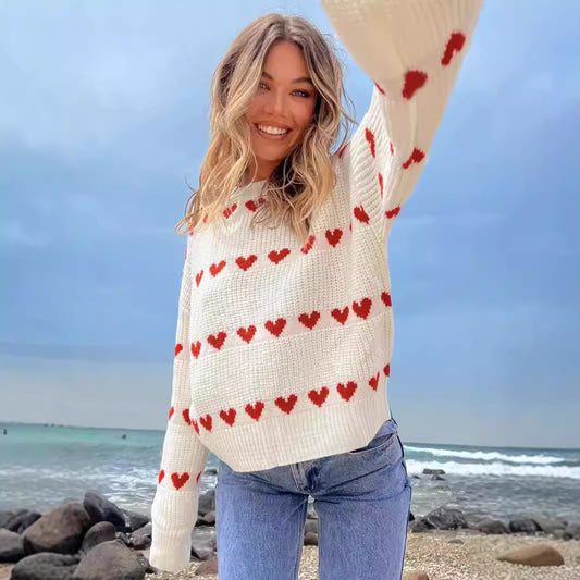 Sweet Cute Love Heart Two-tone Jacquard Contrast Color Round Neck Long Sleeve Sweater