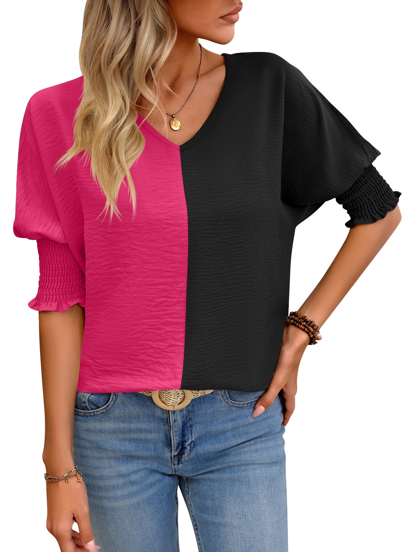 V-hals Løs Smock Batwing-ærme Farvematchende Top