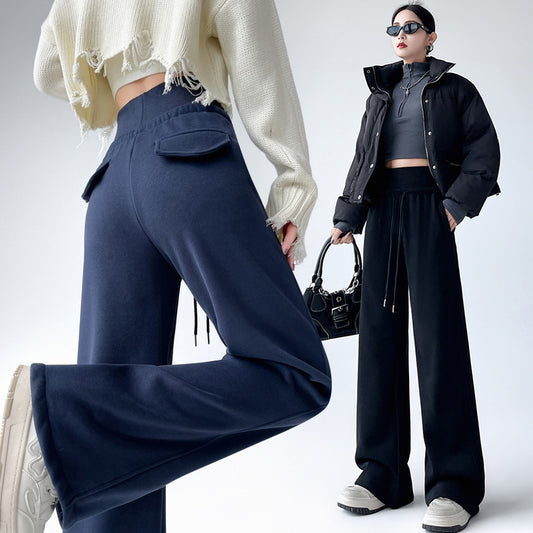 Fleece-lined Thick Loose Casual High Waist Drooping Straight Sports Trousers
