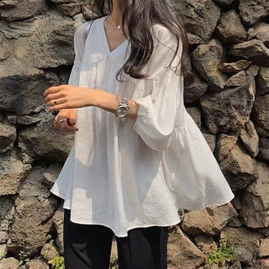 Womens Solid-Color V-Neck Three-Quarter Sleeve Shirt