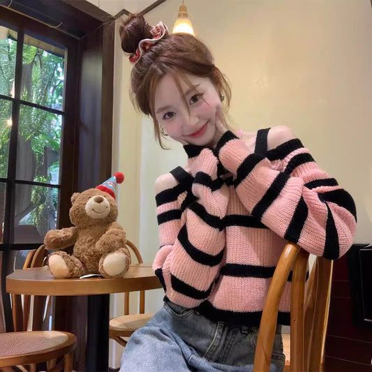 Vintage Stripe Contrast Color Long Sleeves Short Sweater