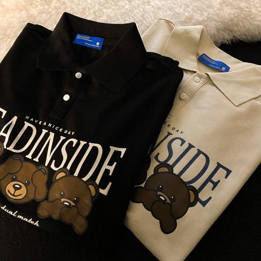 Women's Loose Cotton Three Bear Lapel Polo Shirt Sweater