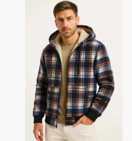Men's Plaid Print Hooded Zip-Up Jacket Winter Thickened Cotton-padded Coat Warm Clothing