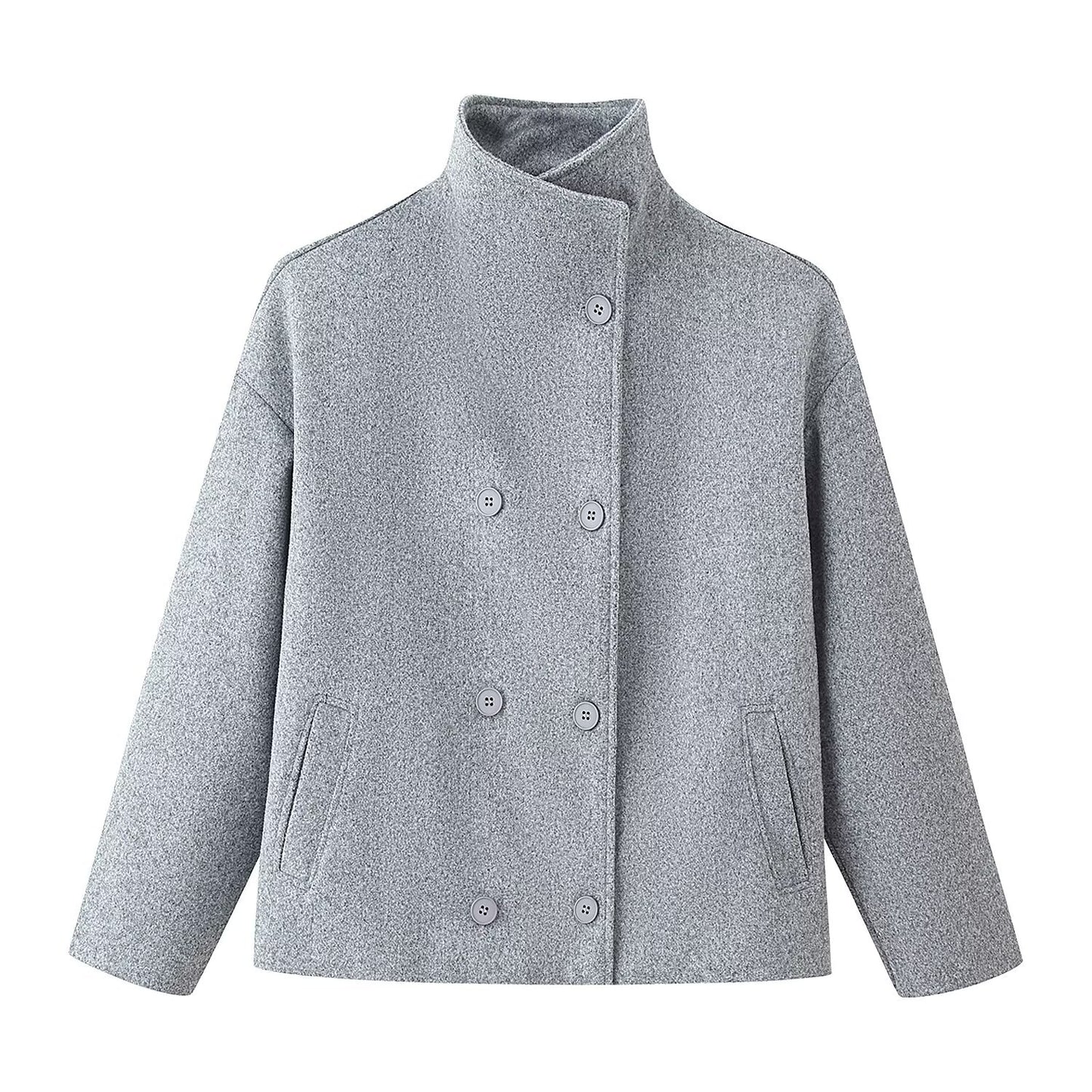 Womens Autumn Fashion Design Short Wool Coat With A Stand Collar And Double-Breasted Buttons