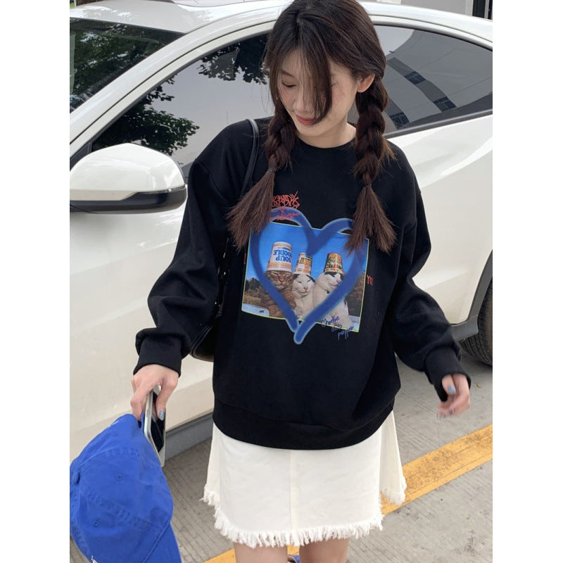 American Retro Loves And Cats Slim Long Sleeve Top