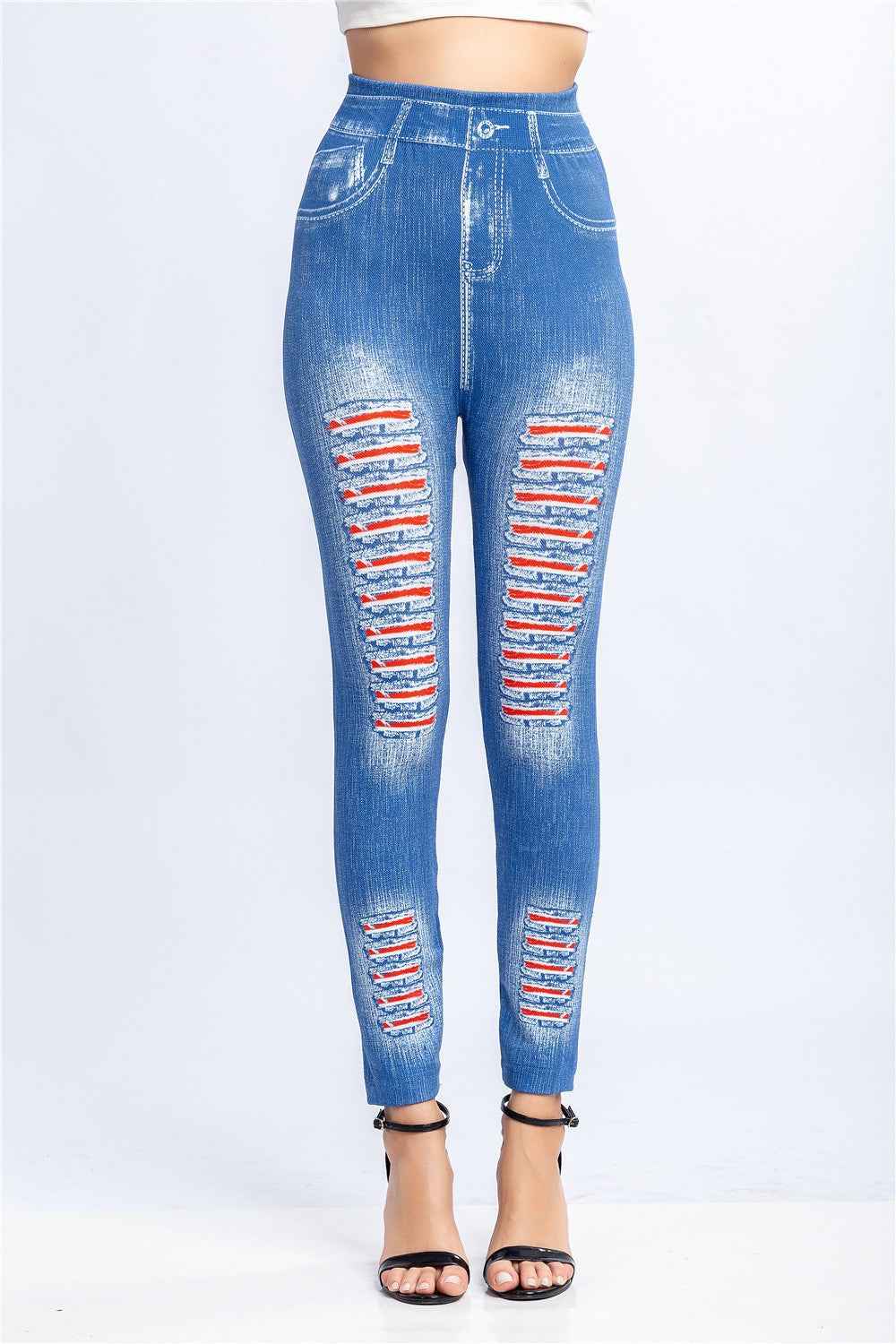 Stylish Striped Printed Faux Denim Leggings