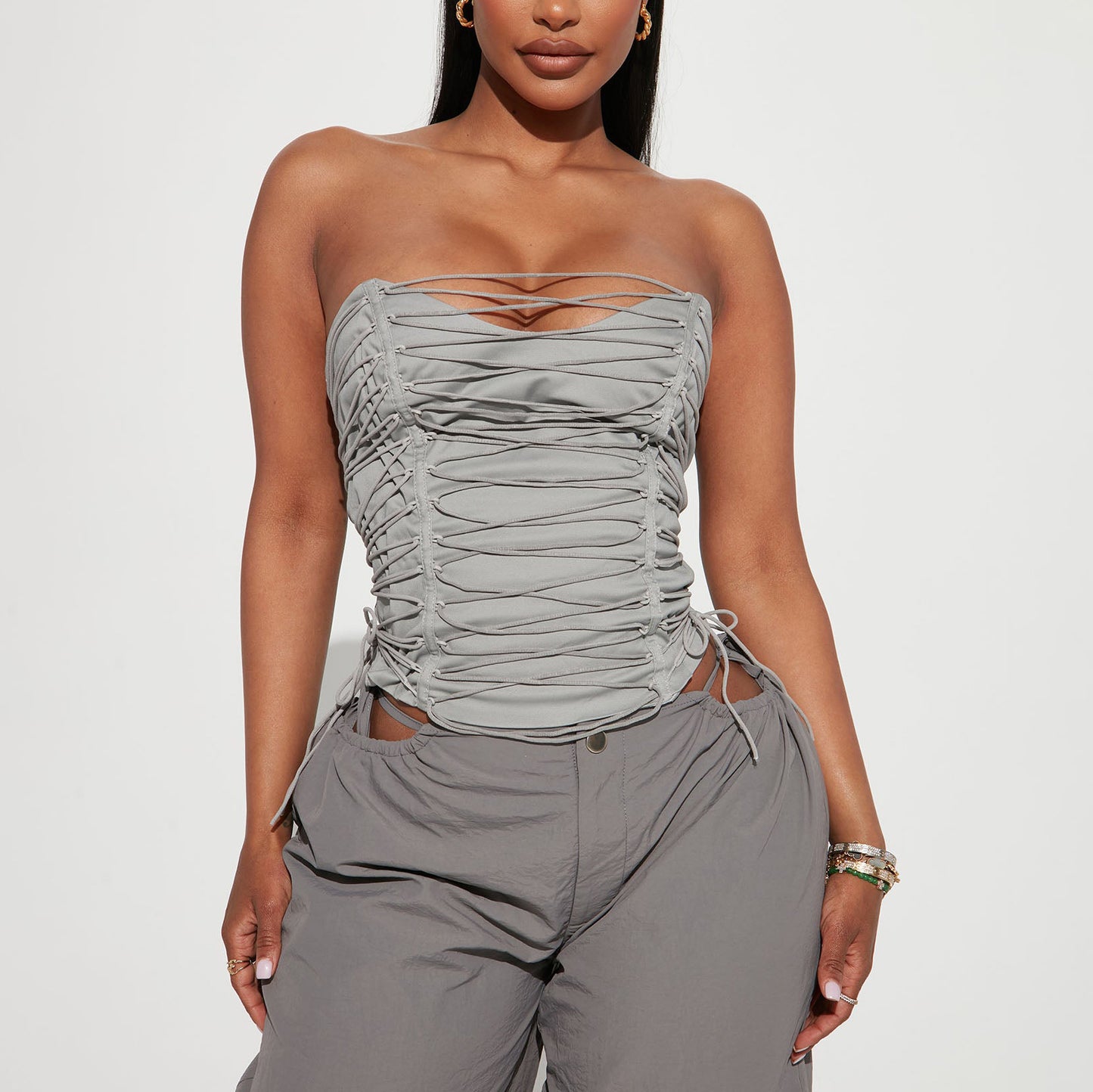 European And American-style Sexy Midriff-baring Top With A Tie-design Corset
