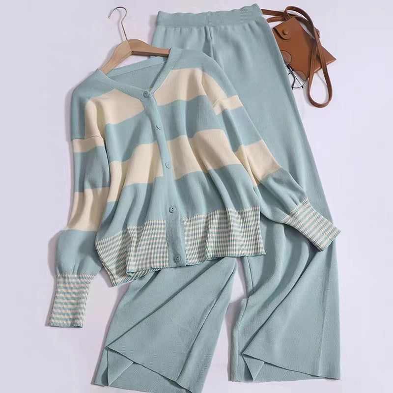 Korean Style Western Style Youthful-looking Striped V-neck Knitted Cardigan Wide Leg Pants Fashion Two-piece Suit