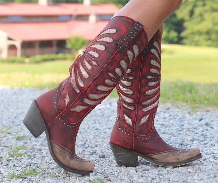 New winter women's boots mid-heel thick heel boots cross-border large size rivet high-top women's boots on Amazon