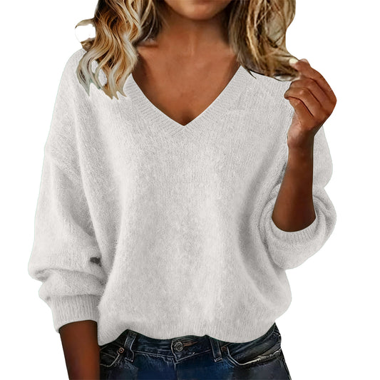 New Fashion Loose Solid Color V-neck Sweater Women