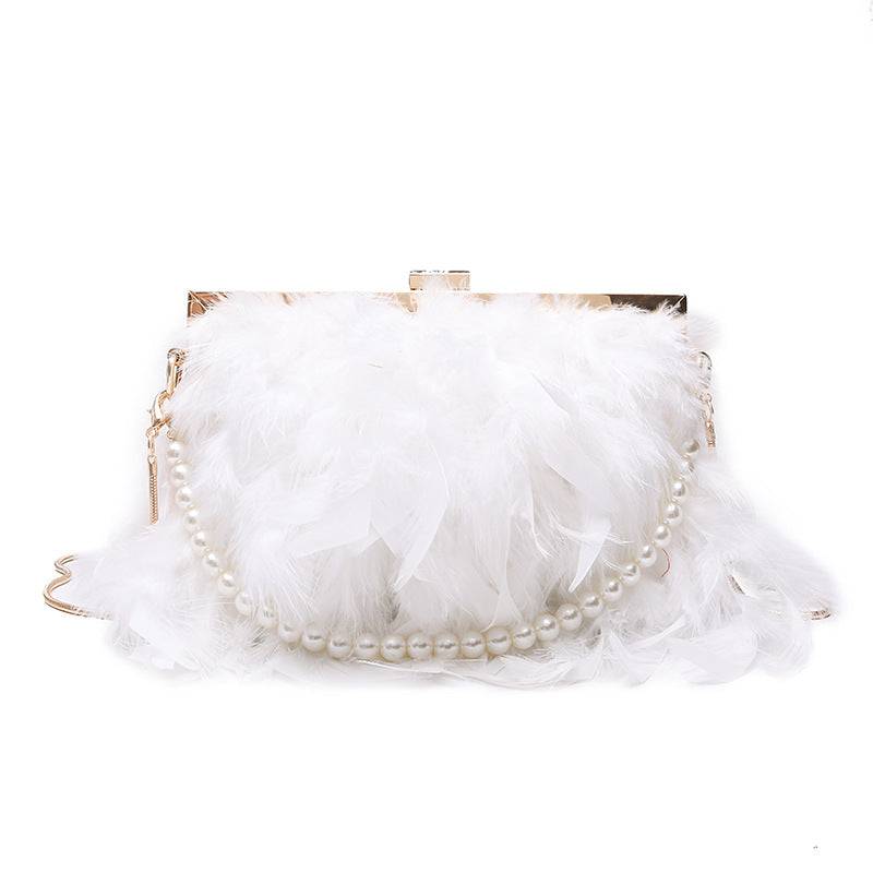 Ostrich hair clip buckle pearl diagonal bag