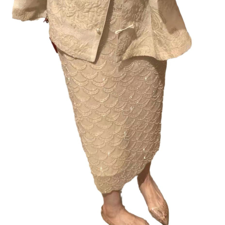 Fan-shaped Heavy Industry Beads Shiny Scale Skirt