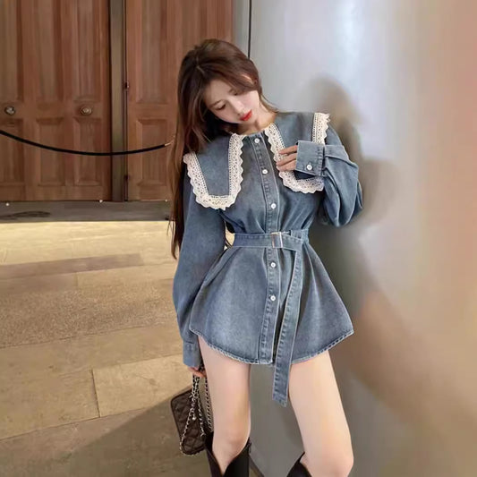 Womens Mid-length Denim Skirt With Long Sleeves And A Fitted Waist