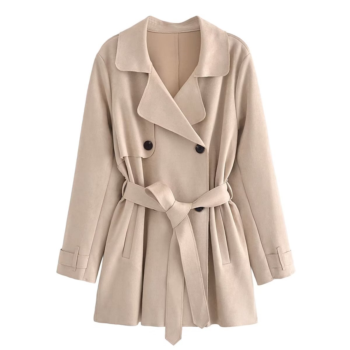 European And American Loose Lace-up Mid-length Suede Textured Trench Coat