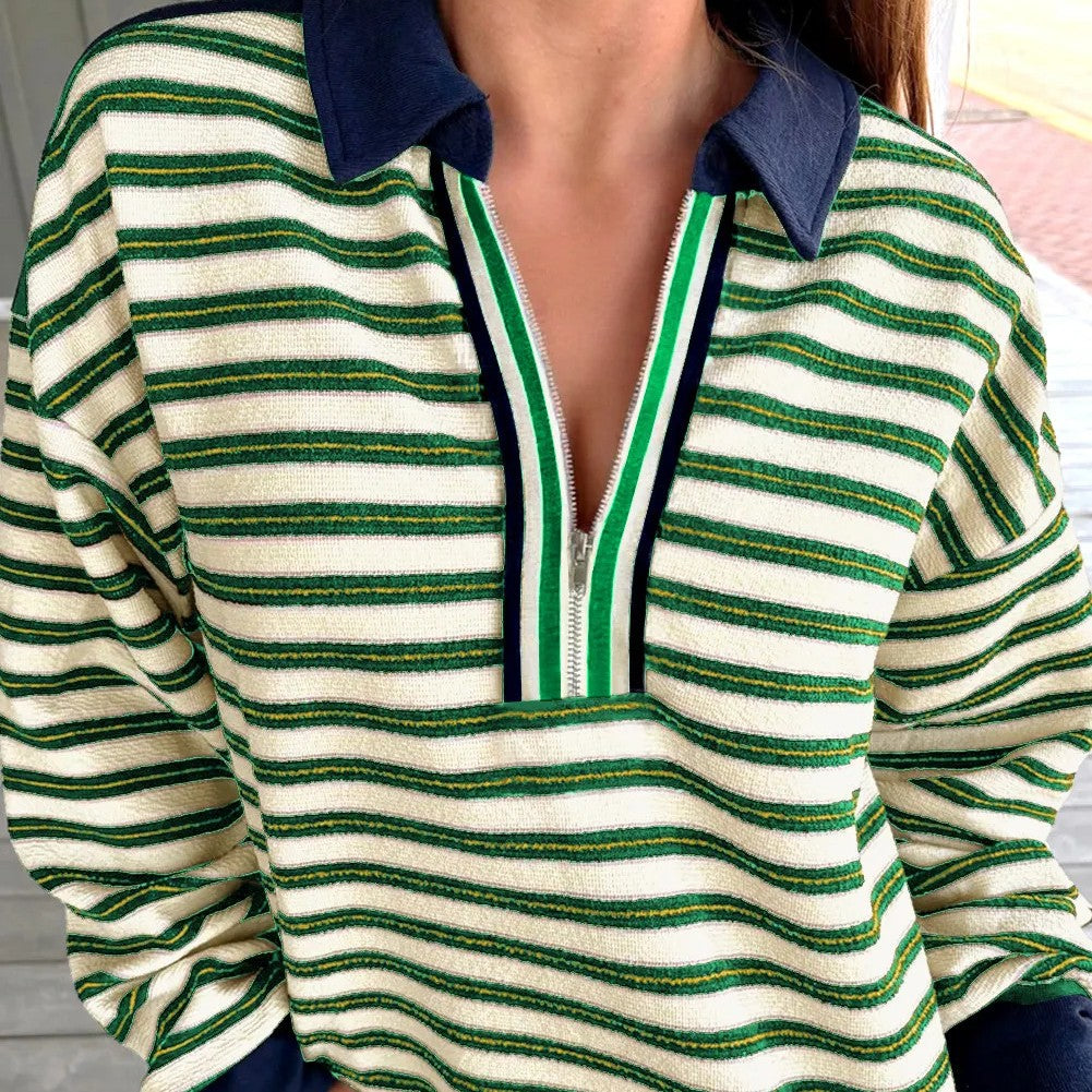 Dark Green Striped Print Contrast Collar Zip V Neck Long Sleeve Top
