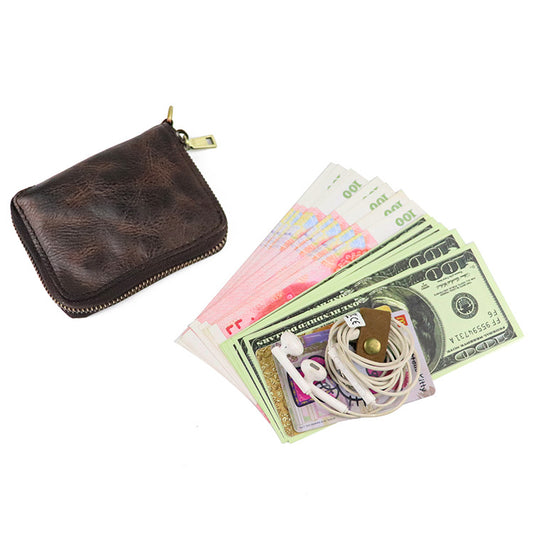 Zipper folding compact vegetable tanned leather wallet