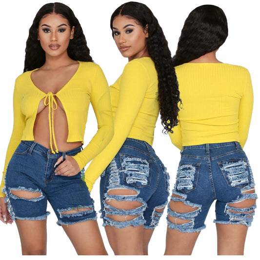 Hand-worn high waist denim shorts