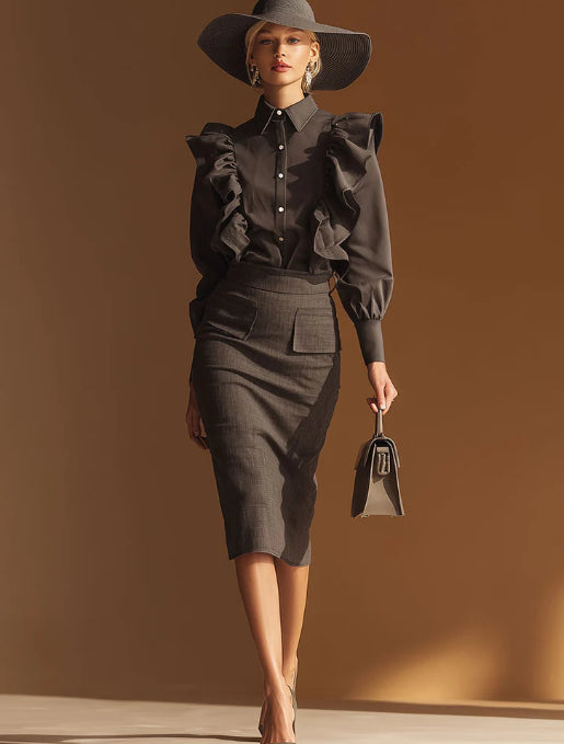 Urban Chic Grey Ruffled Blouse And Skirt Set