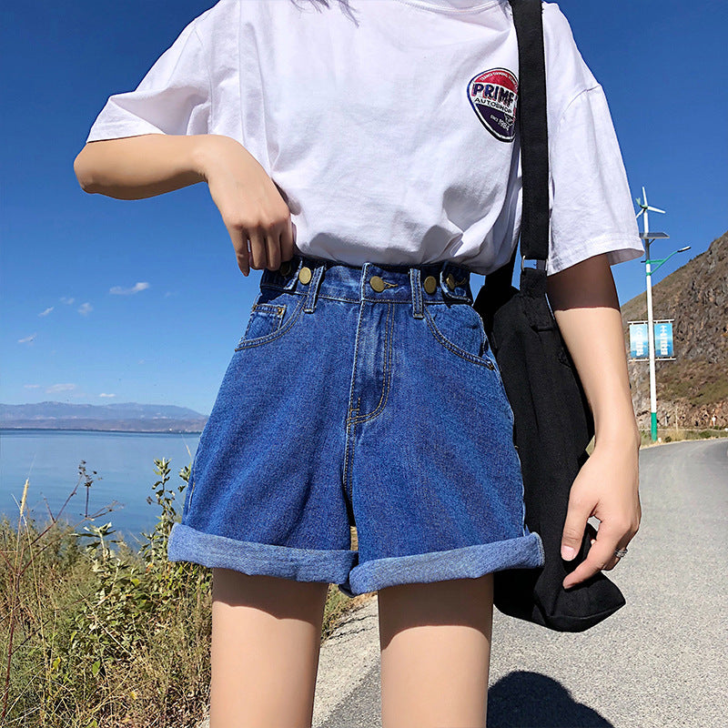 Five-point Rolled-up Wide-leg High-waisted Denim Shorts