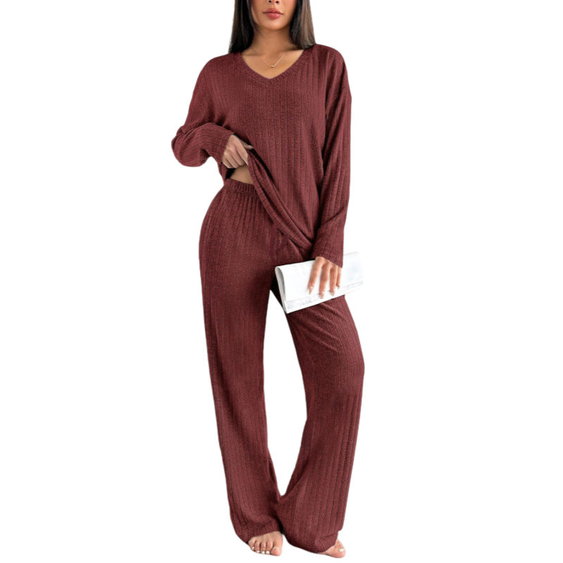 Autumn And Winter Suit Sunken Stripe Brushed Comfortable Loose Pajamas Ladies' Homewear Two Pieces