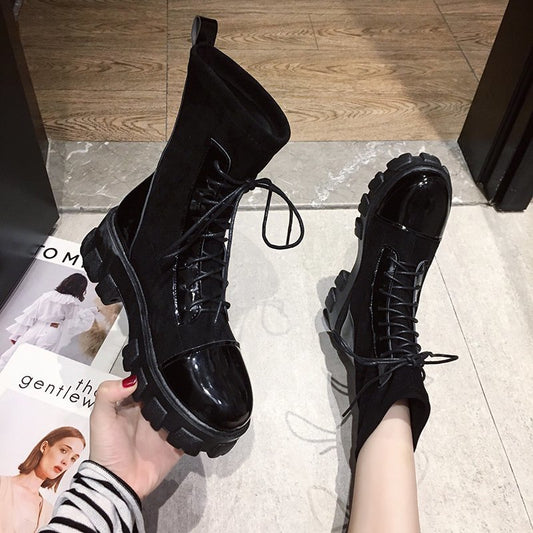 Front lace elastic thick-heeled knit British mid-tube net red socks boots