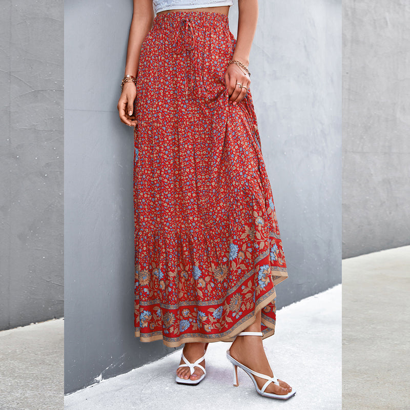 European And American Spring And Summer High Waist Floral Long Skirt