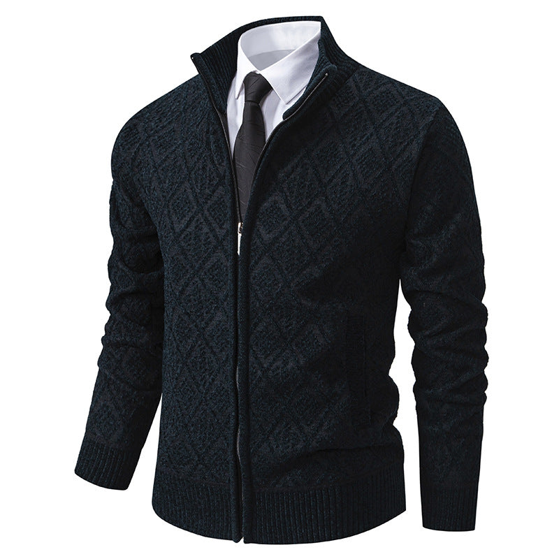 Fall Winter Men Fleece-lined Thickening Stand Collar Sweater Korean Style Casual Zipper Sweater Coat