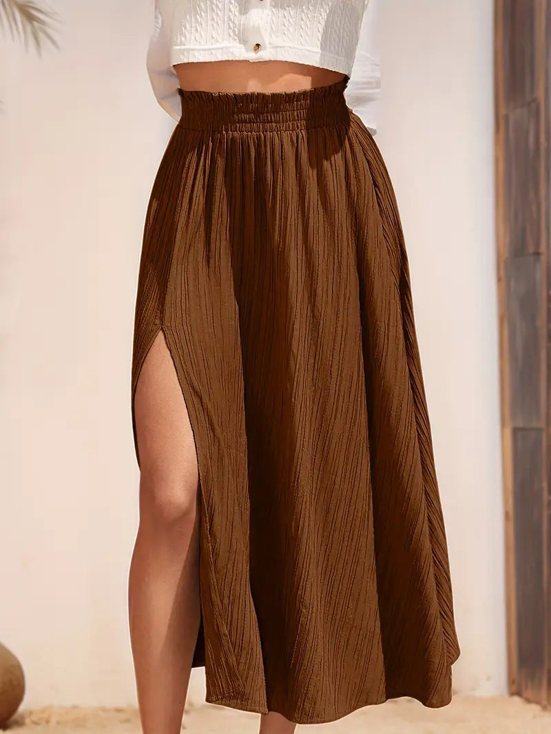 Split High Waist Elastic Waist Long Holiday Skirt