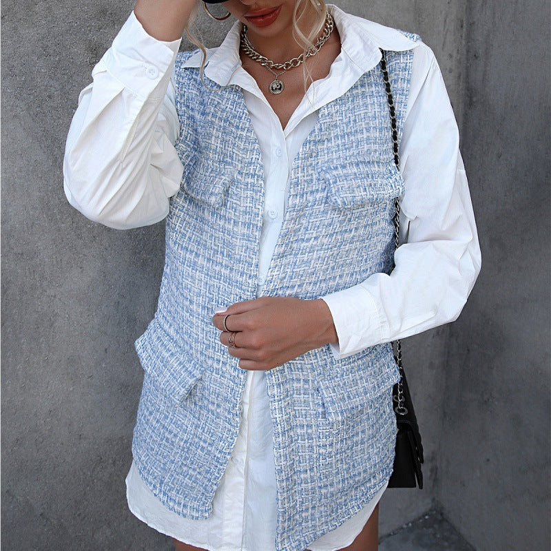 Houndstooth Plaid Mid-length Cardigan Vest Pocket Jacket