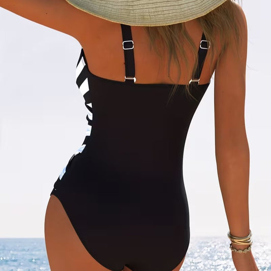 Womens Modest One-piece Swimsuit With A Black-and-white Striped V-neck Design