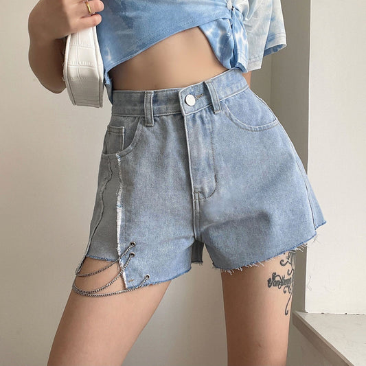 Women's Chain Raw Edge Washed Denim High Waist Wide Leg Shorts