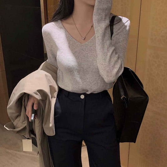 Women's Long Sleeve Bottoming V-neck Split Waist Fitted Thin Sweater