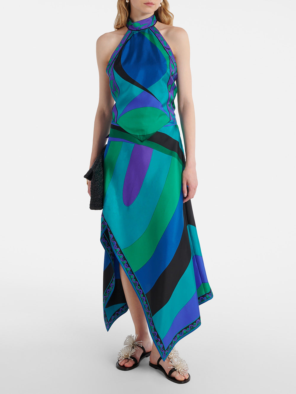 Printed Satin Halter Backless Top Irregular Skirt Two-piece Suit