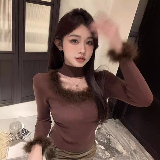 Women's Patchwork Halter Round Neck Soft Glutinous Dralon Bottoming Shirt