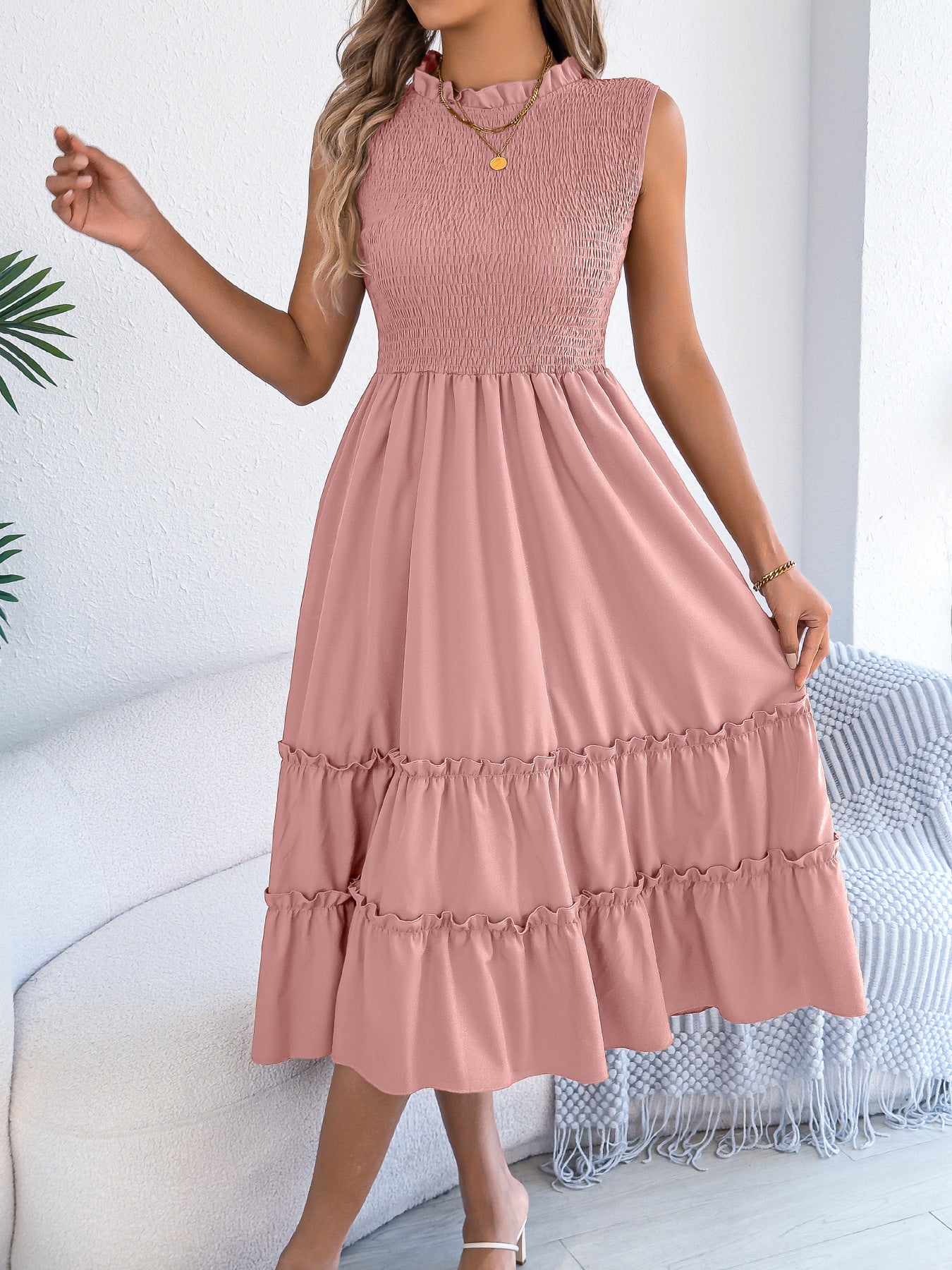 Casual Sleeveless Ruched Waistline Flounce Maxi Dress